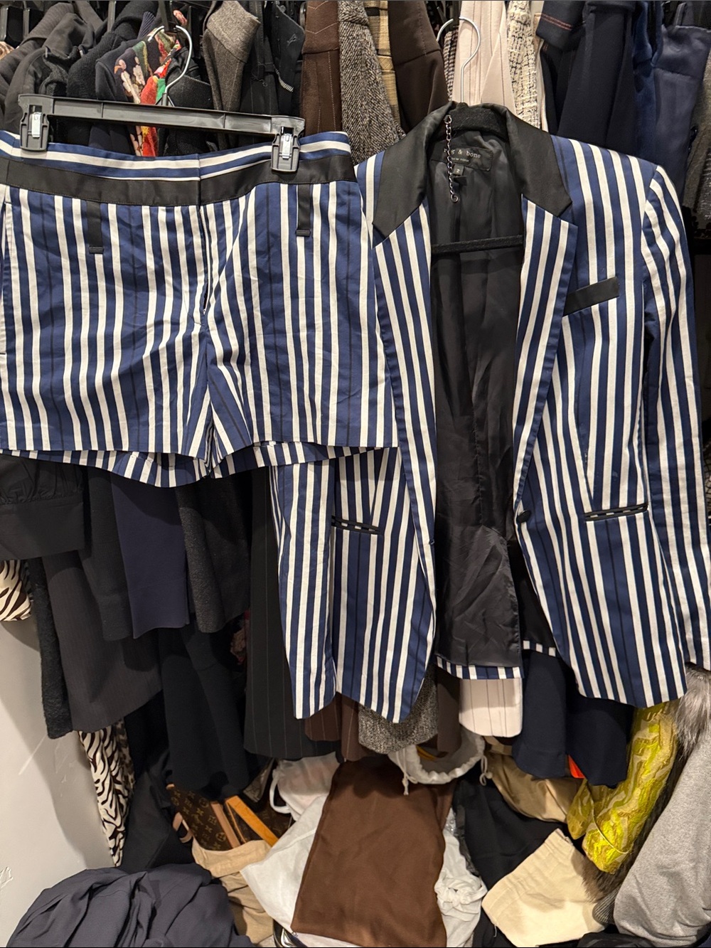 Rag & Bone Striped Navy and White Cotton-Blend blazer shirt set